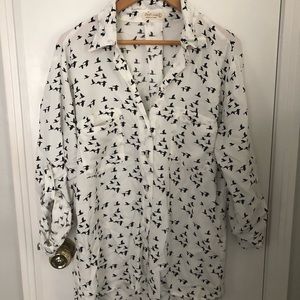 white button up with black bird pattern